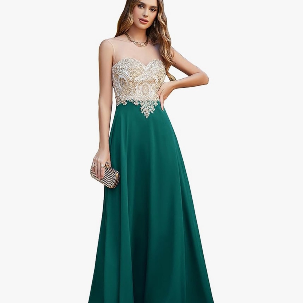 BABYONLINE D.R.E.S.S. Womens A line Chiffon Lace Appliques Gold